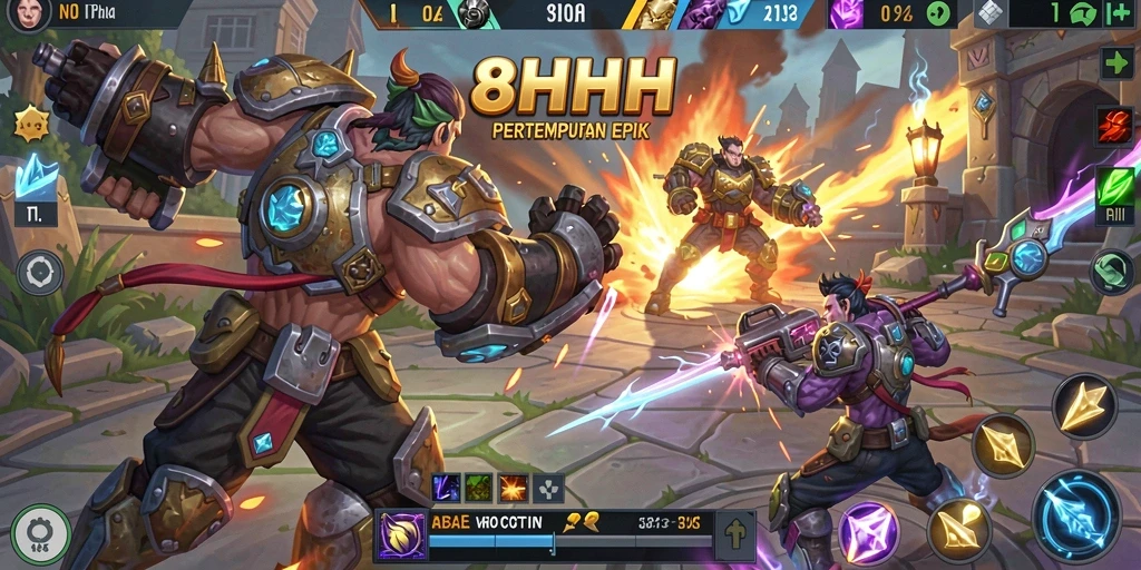 Tampilan menarik dari gameplay pertempuran arena MOBA 8HHH.