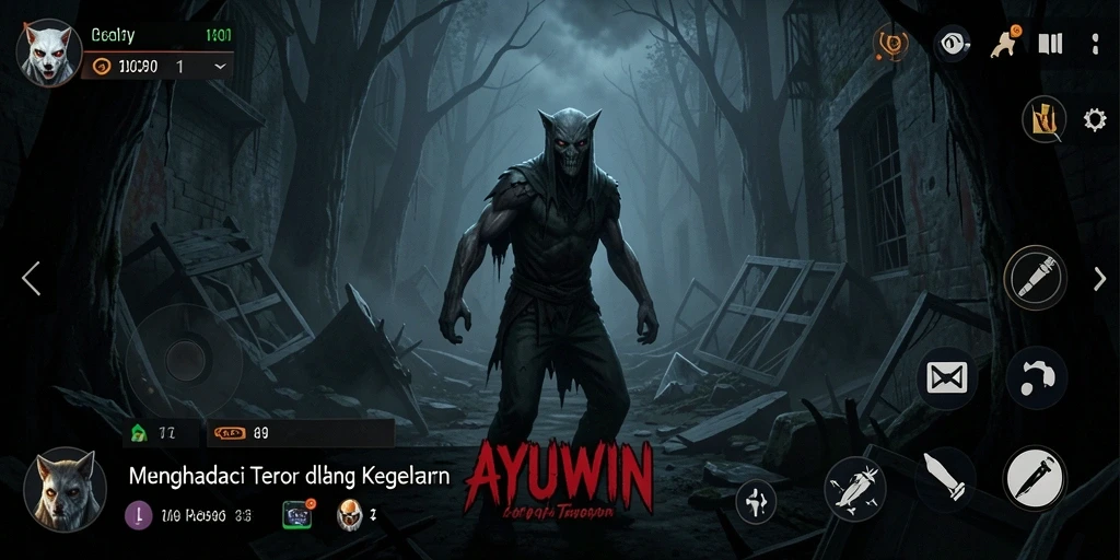 Screenshot gameplay AYUWIN menampilkan suasana Horror yang mencekam.