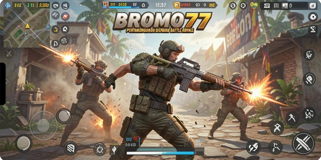 Tampilan screenshot utama BROMO77 menampilkan aksi intens dalam pertempuran Battle Royale.