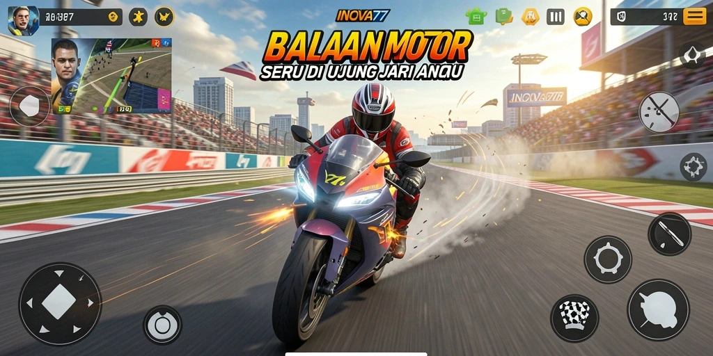 Screenshot gameplay INOVA77 menampilkan aksi balapan motor yang mendebarkan.