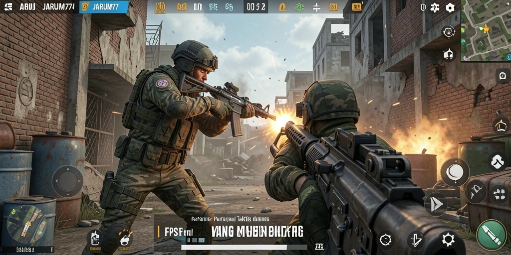 Gameplay JARUM77 yang mendebarkan dalam aksi tembak menembak.