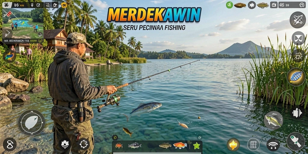 Tampilan menarik dari gameplay memancing di MERDEKAWIN yang seru.