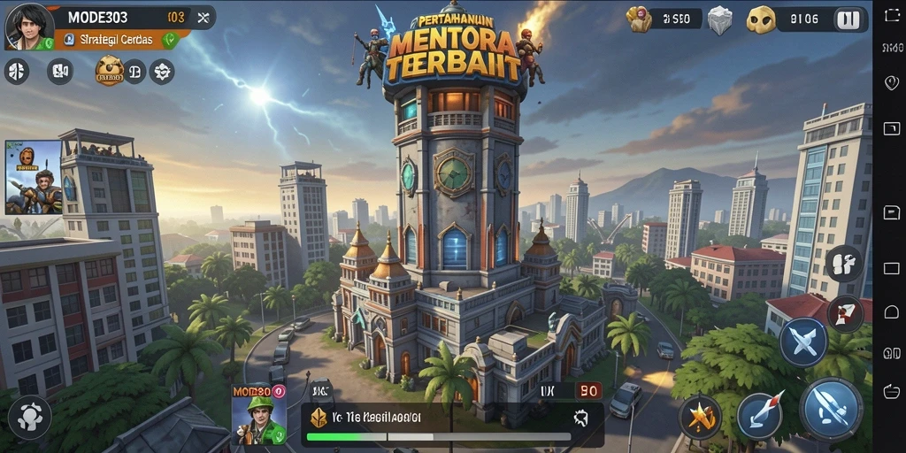 Tampilan screenshot yang menunjukkan tindakan pertahanan menara di MODE303.