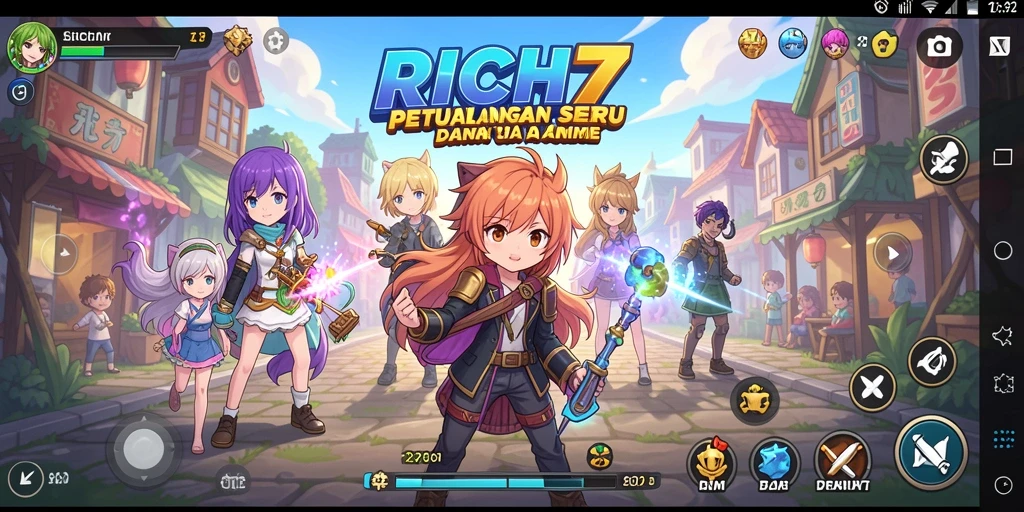 Tampilan gameplay RICH7 dengan karakter anime yang colorful.