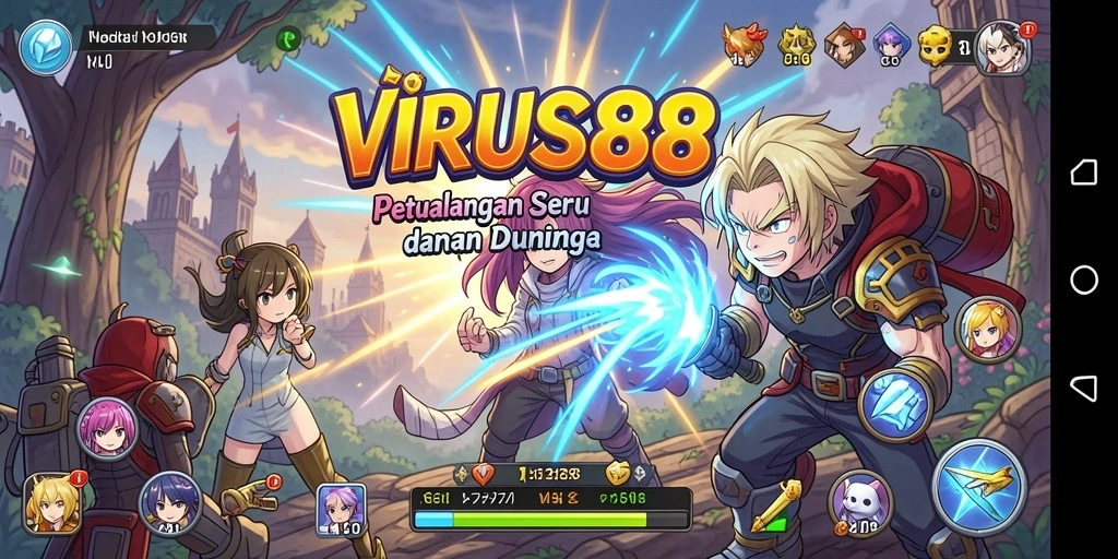 Tampilan gameplay VIRUS88 yang mengesankan dengan karakter anime yang unik.